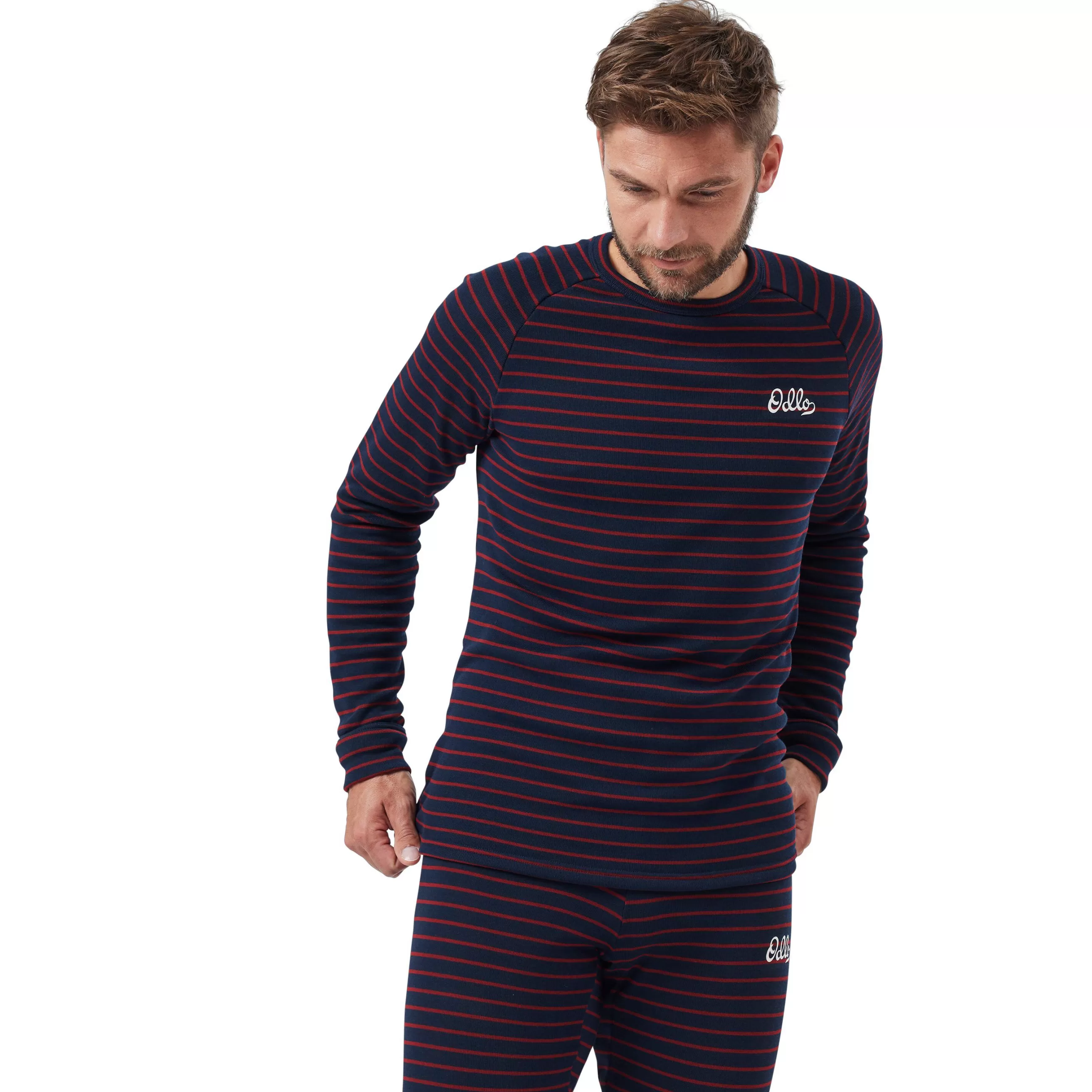 Base Layers^Odlo The Active Warm Originals Eco Stripe Long Sleeve Dark Sapphire - Sundried Tomato